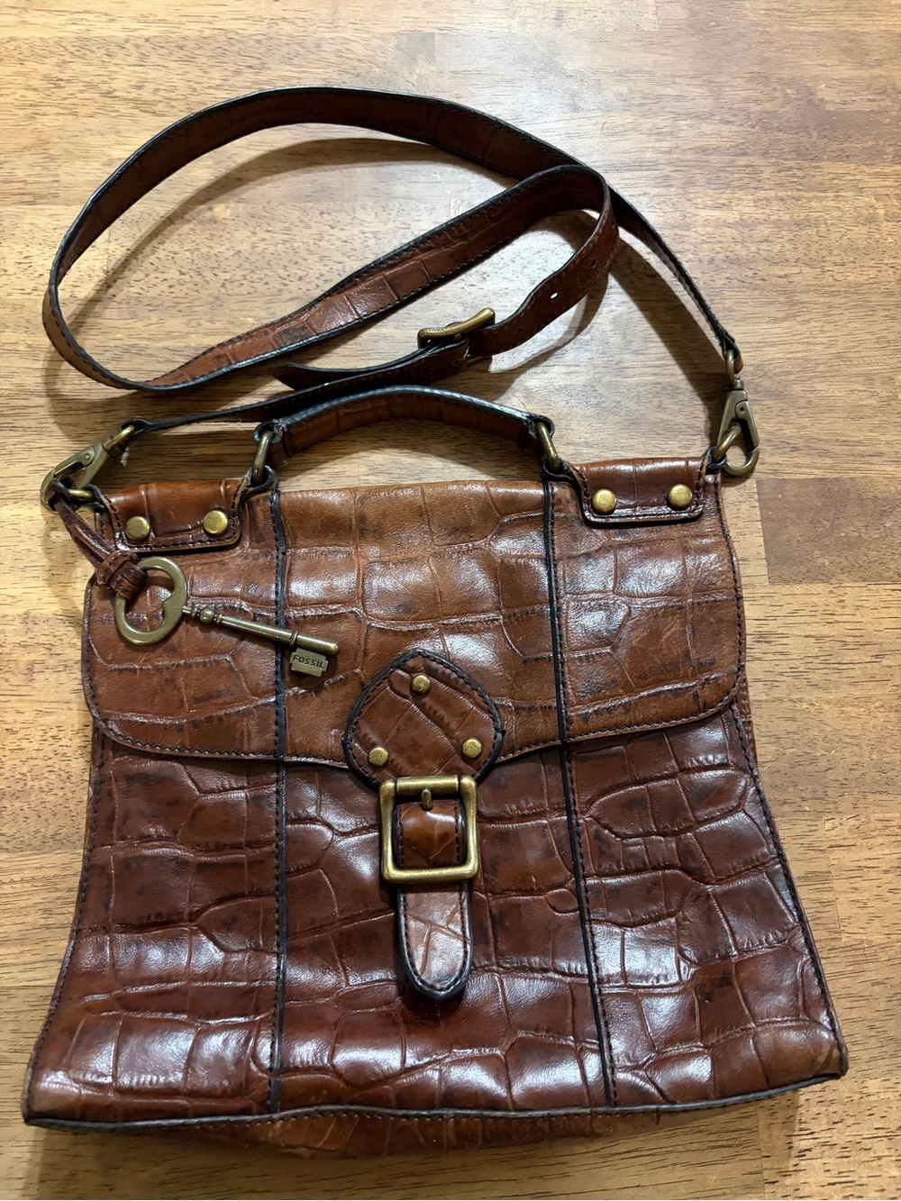 Fossil Brown Croc-Embossed Leather Crossbody with Key Charm